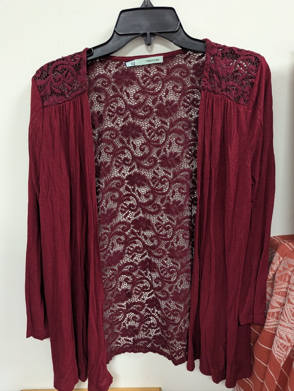 Maurices Wine Lace-Back Open Cardigan